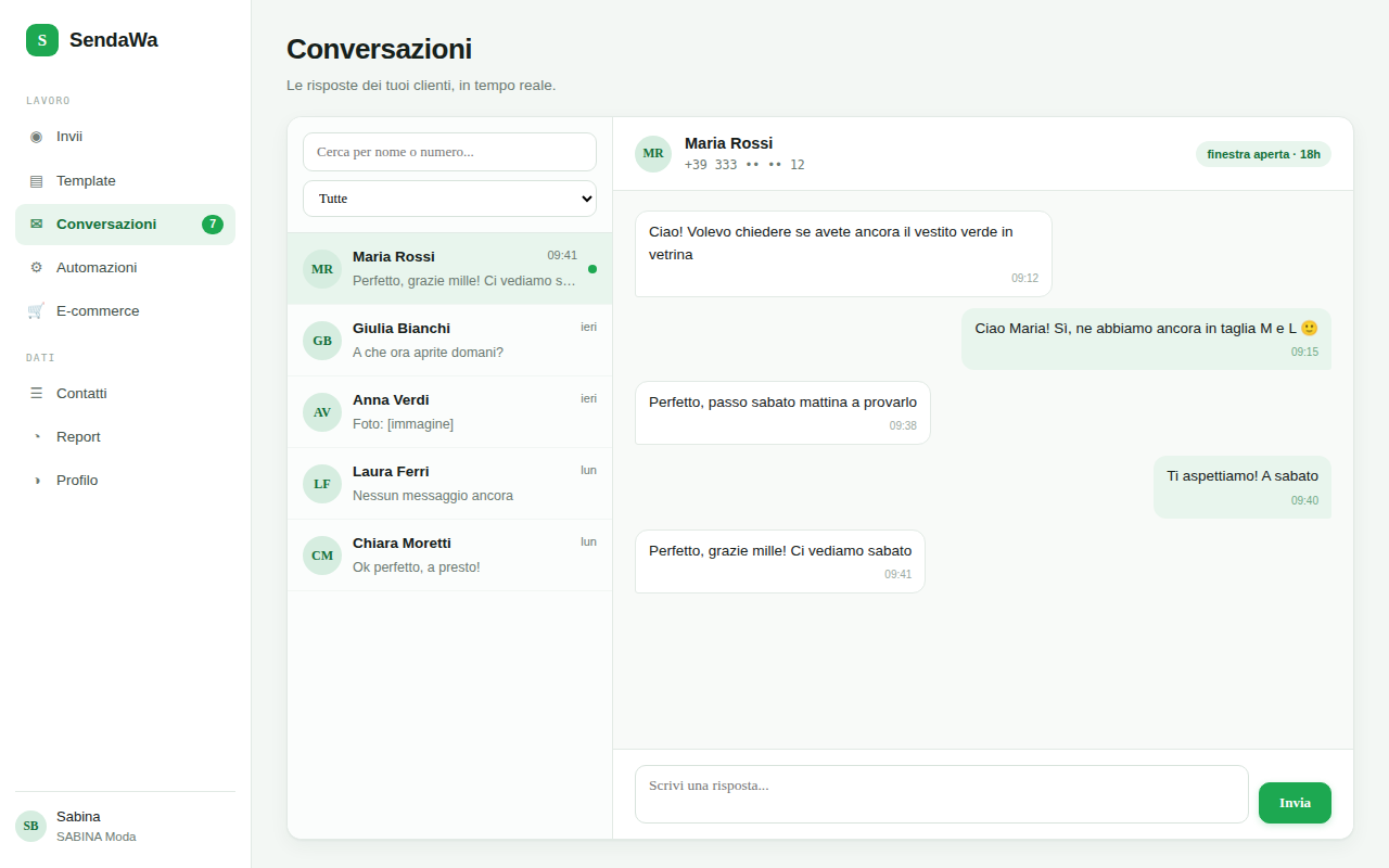 Il pannello di SendaWa aperto sulla vista Conversazioni, con la lista dei clienti a sinistra e una chat WhatsApp aperta a destra.